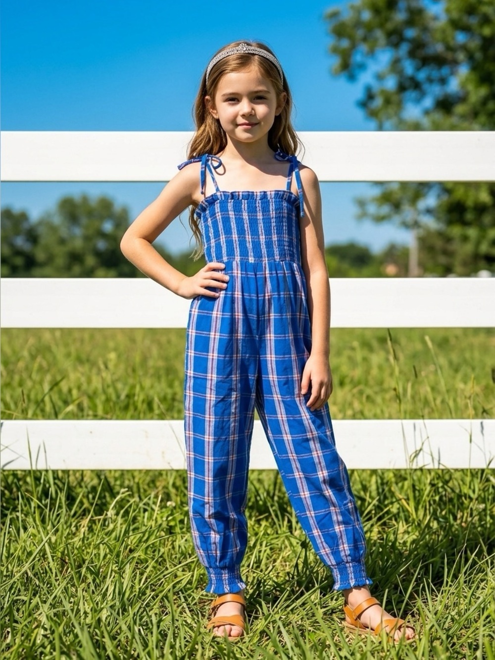 SweetHoney Girls' gingham boho Bow Decor Cami Jumpsuit